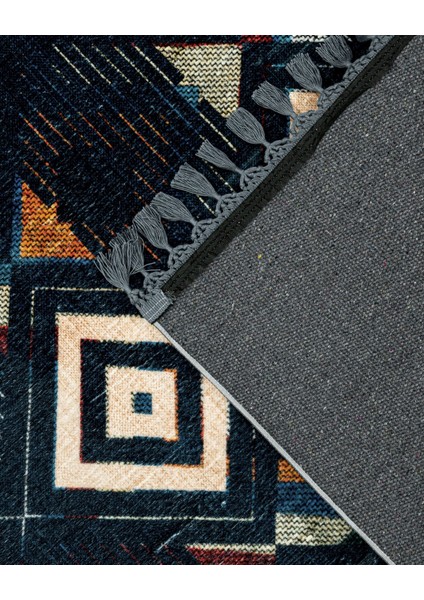 Pranvi Mavi Geometrik Etnik Modern Desenli Bambu Makinada Yıkanabilir Hav Toz Vermez Leke Tutmayan Kaymaz Taban Dijital Makine Baskı Salon Yolluk Mutfak Halı fırsatları