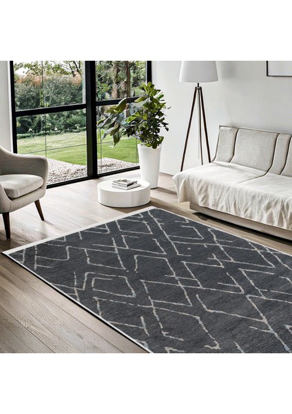 Siyah Geometrik Etnik Modern Desenli Pamuk Makinada Yıkanabilir Hav Toz Vermez Leke Tutmayan Kaymaz Taban Dijital Makine Baskı Salon Yolluk Mutfak Halı modelleri