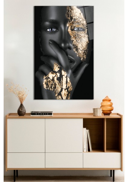 Altın Detaylı Siyah Kadın Portresi Cam Tablo, Darbelere Dayanıklı Kırılmaz Cam, Hediyelik