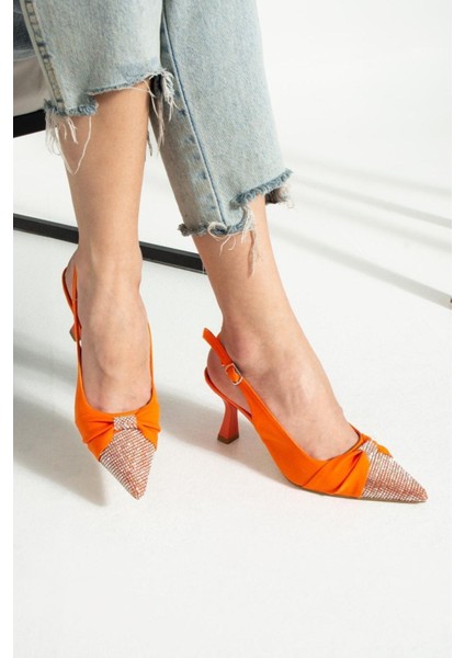 Turuncu Saten Önü Taşlı Kadın Topuklu Ayakkabı