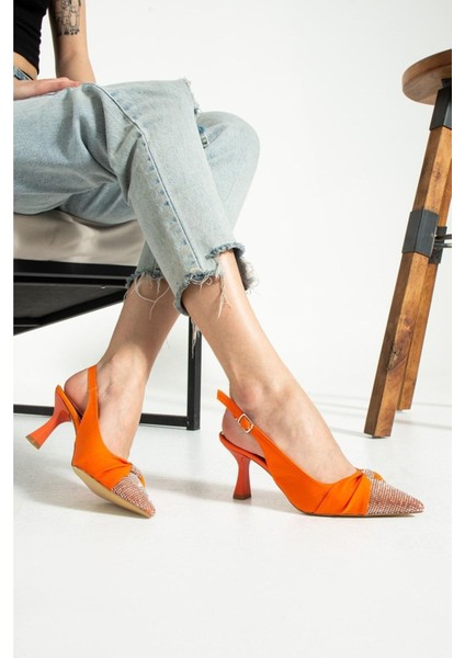 Turuncu Saten Önü Taşlı Kadın Topuklu Ayakkabı fiyatları