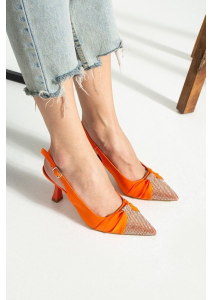Turuncu Saten Önü Taşlı Kadın Topuklu Ayakkabı modelleri
