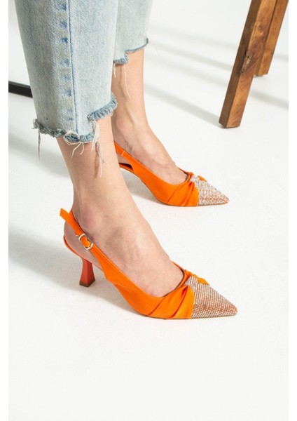 Turuncu Saten Önü Taşlı Kadın Topuklu Ayakkabı fırsatları
