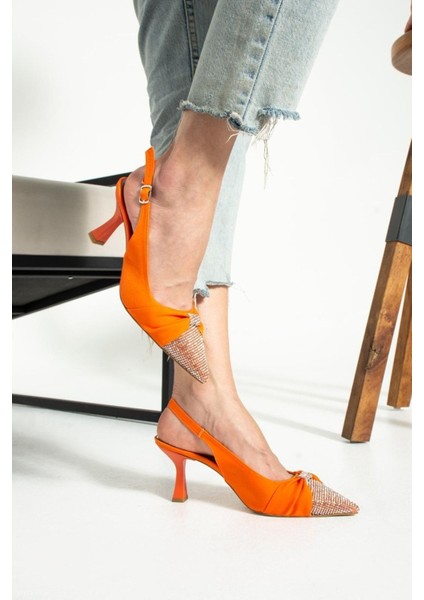 Turuncu Saten Önü Taşlı Kadın Topuklu Ayakkabı indirimleri