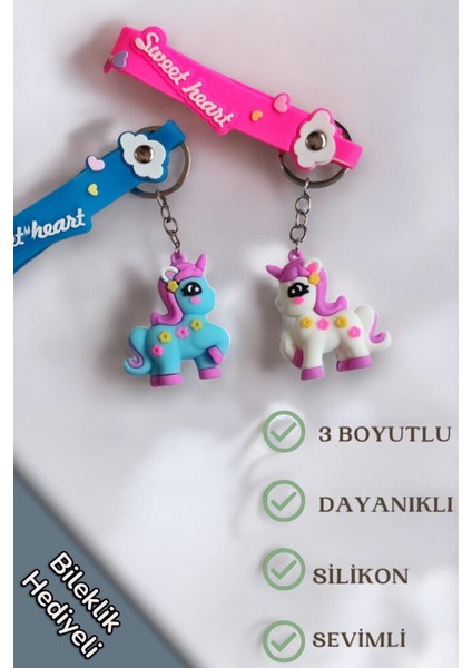 2'li Unicorn 3D Silikon Anahtarlık ve Çanta Süsü 3 Boyutlu