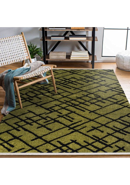 Geometrik Yeşil Pamuk Dikdörtgen Modern Desenli Pamuk Makinada Yıkanabilir Hav Toz Vermez Leke Tutmayan Kaymaz Taban Dijital Makine Baskı Salon Yolluk Mutfak Halı modelleri