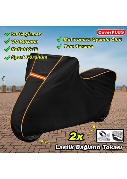 Reflektörlü Siyah Turuncu Dikişli Vespa Lx 125 3V I.e Pro Branda Motosiket Brandası Motor Örtüsü Çadır Su Geçirmez Motosiklet Kılıfı Motor Brandası