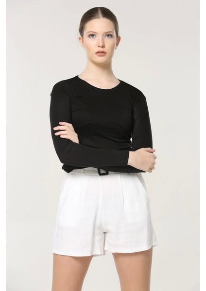 Rahat ve Şık Uzun Kollu Bisiklet Yaka Likralı Viskon Penye Body Siyah fırsatları