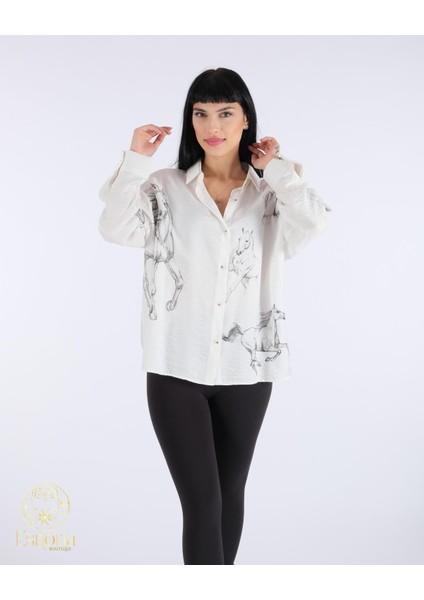 At Desenli Düğmeli Gömlek Ekru-Siyah