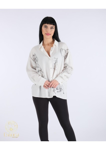 At Desenli Düğmeli Gömlek Ekru-Siyah fiyatları