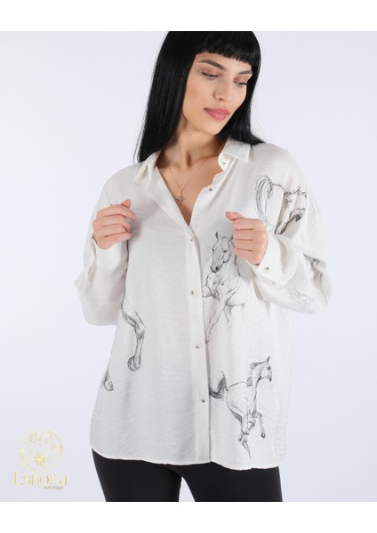 At Desenli Düğmeli Gömlek Ekru-Siyah modelleri
