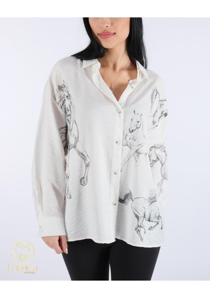 At Desenli Düğmeli Gömlek Ekru-Siyah fırsatları