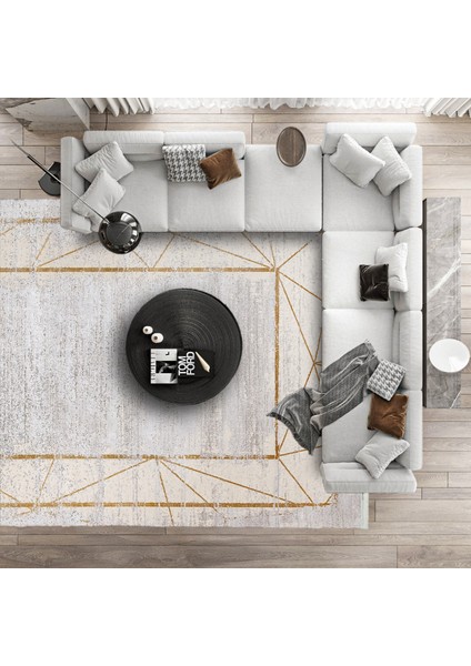 Sarı Geometrik Etnik Modern Desenli Pamuk Makinada Yıkanabilir Hav Toz Vermez Leke Tutmayan Kaymaz Taban Dijital Makine Baskı Salon Yolluk Mutfak Halı modelleri