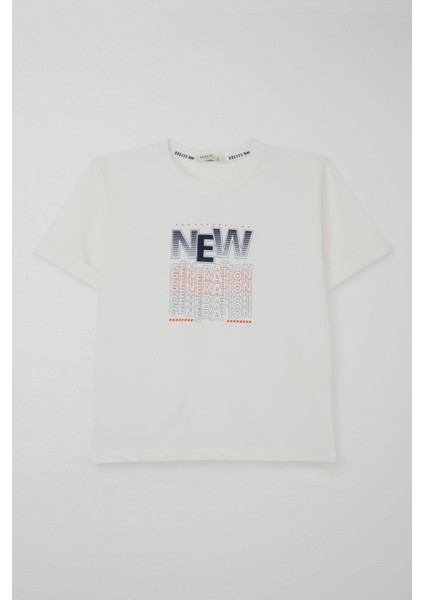 Erkek Çocuk Şortlu Takım Yazı Baskılı Cepli 8-14 Yaş, Ekru