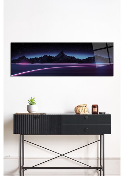 Retrowave Synthwave Dağlar Panoramik Cam Tablo, Darbelere Dayanıklı Kırılmaz Cam, Hediyelik