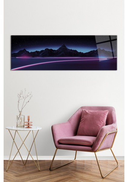 Retrowave Synthwave Dağlar Panoramik Cam Tablo, Darbelere Dayanıklı Kırılmaz Cam, Hediyelik fiyatları