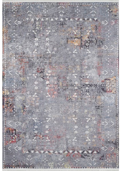 Chakwal Gri Modern Etnik Desenli Makinada Yıkanabilir Hav Toz Vermez Leke Tutmayan Kaymaz Taban Dijital Makine Baskı Salon Yolluk Mutfak Halı