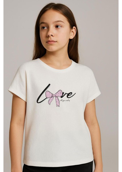 Kız Çocuk Tişört Sevgi Temalı Yazı Baskılı Simli 9-14 Yaş, Ekru