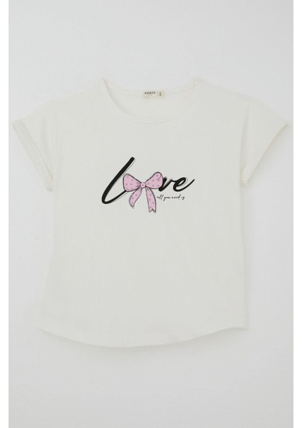 Kız Çocuk Tişört Sevgi Temalı Yazı Baskılı Simli 9-14 Yaş, Ekru fiyatları