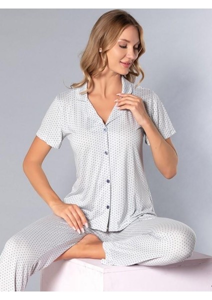 Boydan Düğmeli Kısa Kollu Gömlek Pijama Takımı - Yazlık Puan Desenli Yumuşak Milan Kumaş - Poppy 58-04