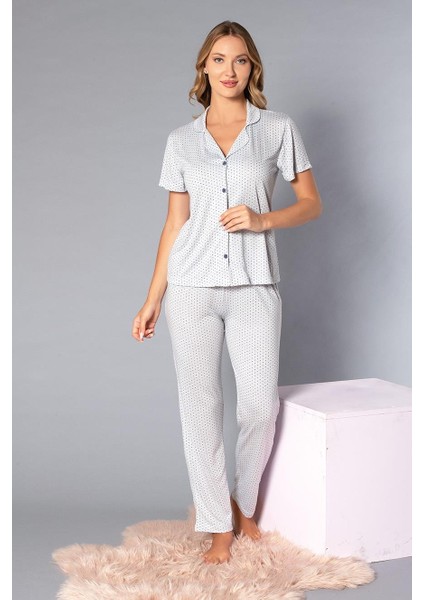 Boydan Düğmeli Kısa Kollu Gömlek Pijama Takımı - Yazlık Puan Desenli Yumuşak Milan Kumaş - Poppy 58-04 fiyatları