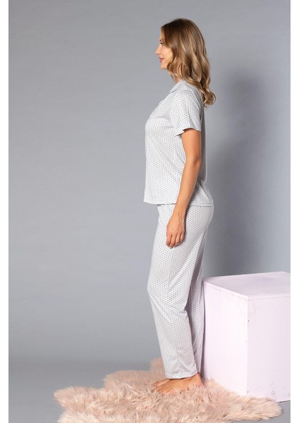 Boydan Düğmeli Kısa Kollu Gömlek Pijama Takımı - Yazlık Puan Desenli Yumuşak Milan Kumaş - Poppy 58-04 modelleri