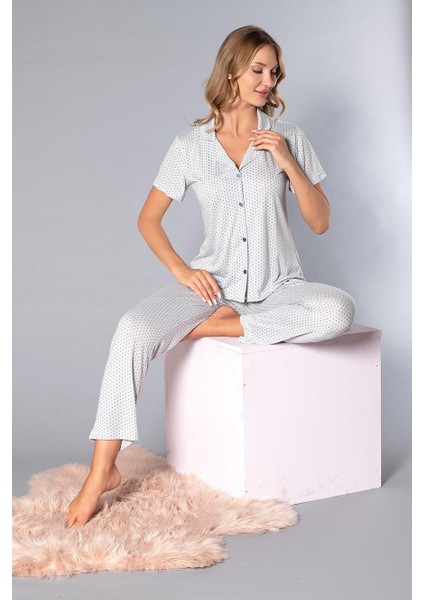Boydan Düğmeli Kısa Kollu Gömlek Pijama Takımı - Yazlık Puan Desenli Yumuşak Milan Kumaş - Poppy 58-04 fırsatları
