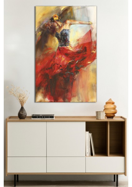 Dans Eden Kırmızı Etekli Kadın Cam Tablo, Temperli Rodajlı Dayanıklı Kırılmaz Cam, Hediyelik