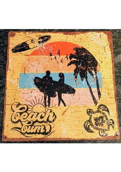 Retro Sörfçü Temalı Alüminyum Levha – Plaj ve Palmiye Desenli Metal Dekor Levha fiyatları