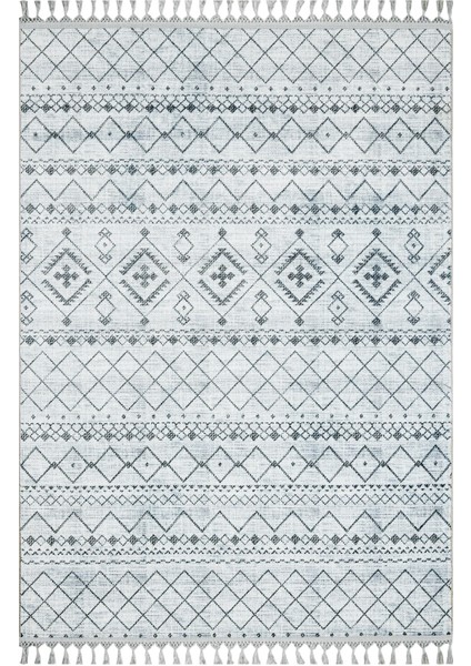 Praveer Gri Geometrik Etnik Modern Desenli Kadife Makinada Yıkanabilir Hav Toz Vermez Leke Tutmayan Kaymaz Taban Dijital Makine Baskı Salon Yolluk Mutfak Halı