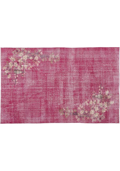 Fuşya Eskitme Yün Modern Desenli Yün Hav Toz Vermez Leke Tutmayan Salon Yolluk Mutfak El Dokuma Halı