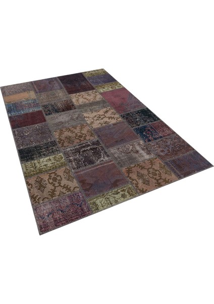 Kahverengi Patchwork Etnik Modern Desenli Yün Hav Toz Vermez Leke Tutmayan Salon Yolluk Mutfak El Dokuma Halı