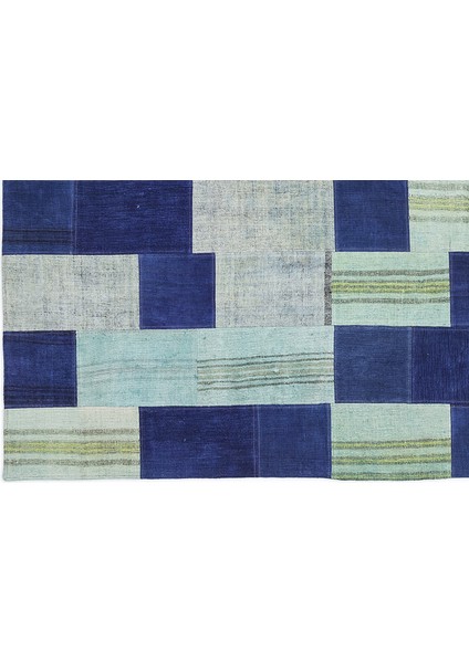 Mavi Patchwork Etnik Modern Desenli Yün Hav Toz Vermez Leke Tutmayan Salon Yolluk Mutfak El Dokuma Halı fırsatları