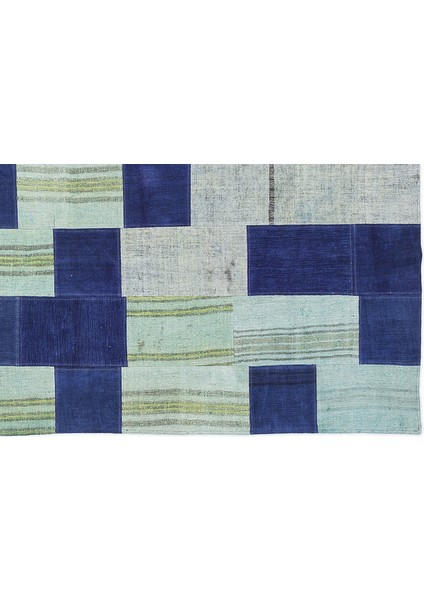 Mavi Patchwork Etnik Modern Desenli Yün Hav Toz Vermez Leke Tutmayan Salon Yolluk Mutfak El Dokuma Halı indirimleri