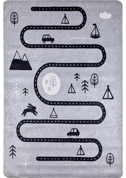 Kantabria Figürlü Gri Polyester Kare Modern Desenli Pamuk Makinada Yıkanabilir Hav Toz Vermez Leke Tutmayan Kaymaz Taban Dijital Makine Baskı Salon Yolluk Mutfak Halı