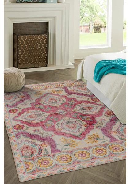 Jurassic Klasik Pembe Polyester Kare Modern Desenli Pamuk Makinada Yıkanabilir Hav Toz Vermez Leke Tutmayan Kaymaz Taban Dijital Makine Baskı Salon Yolluk Mutfak Halı