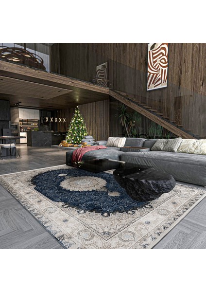 Lacivert Klasik Etnik Modern Desenli Pamuk Makinada Yıkanabilir Hav Toz Vermez Leke Tutmayan Kaymaz Taban Dijital Makine Baskı Salon Yolluk Mutfak Halı fırsatları