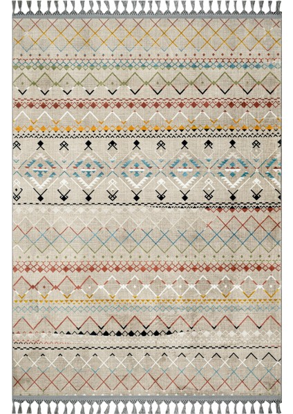 Arina Mavi Geometrik Etnik Modern Desenli Bambu Makinada Yıkanabilir Hav Toz Vermez Leke Tutmayan Kaymaz Taban Dijital Makine Baskı Salon Yolluk Mutfak Halı