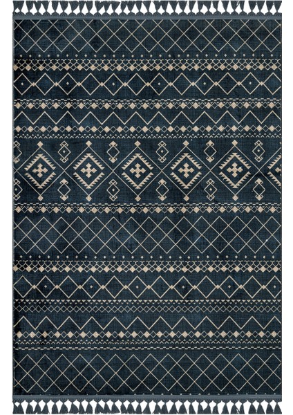 Prabir Lacivert Geometrik Etnik Modern Desenli Kadife Makinada Yıkanabilir Hav Toz Vermez Leke Tutmayan Kaymaz Taban Dijital Makine Baskı Salon Yolluk Mutfak Halı