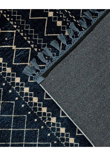 Prabir Lacivert Geometrik Etnik Modern Desenli Kadife Makinada Yıkanabilir Hav Toz Vermez Leke Tutmayan Kaymaz Taban Dijital Makine Baskı Salon Yolluk Mutfak Halı fırsatları