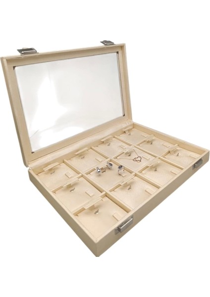 Yeni Cam Kapaklı Imera Deri Kumaş Krem Renk 34 cm / 24 cm Üçlü Set Kutusu