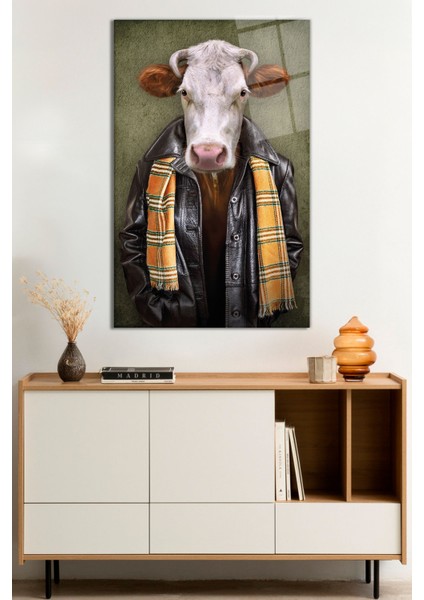 Insan Vücutlu Inek Portresi Cam Tablo, Darbelere Dayanıklı Kırılmaz Cam, Hediyelik