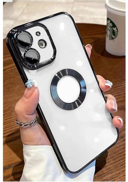 Aksesuar iPhone 11 ile Uyumlu Laser Şeffaf Parlak Arka Yüzey ve Logo Detaylı Kenarları Silikon Yapıya Sahip Lens Koruyuculu Kılıf(Siyah)