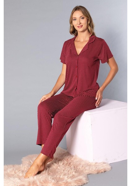 Boydan Düğmeli Kısa Kollu Gömlek Pijama Takımı - Yazlık Puan Desenli Yumuşak Milan Kumaş - Poppy 58-07