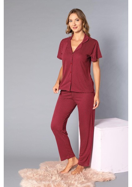 Boydan Düğmeli Kısa Kollu Gömlek Pijama Takımı - Yazlık Puan Desenli Yumuşak Milan Kumaş - Poppy 58-07 fiyatları