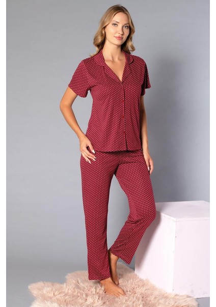 Boydan Düğmeli Kısa Kollu Gömlek Pijama Takımı - Yazlık Puan Desenli Yumuşak Milan Kumaş - Poppy 58-07 modelleri