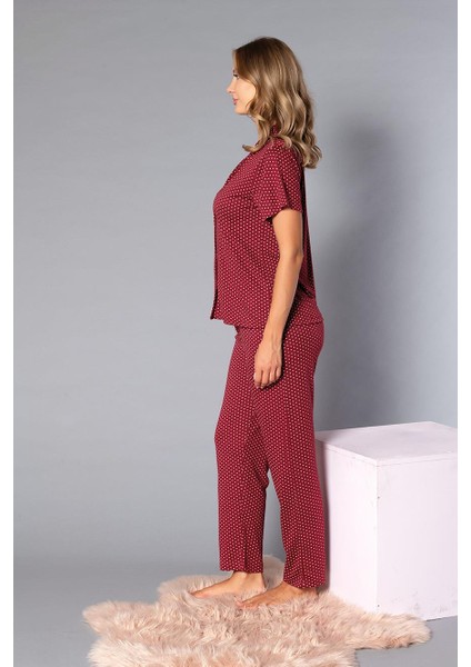 Boydan Düğmeli Kısa Kollu Gömlek Pijama Takımı - Yazlık Puan Desenli Yumuşak Milan Kumaş - Poppy 58-07 fırsatları