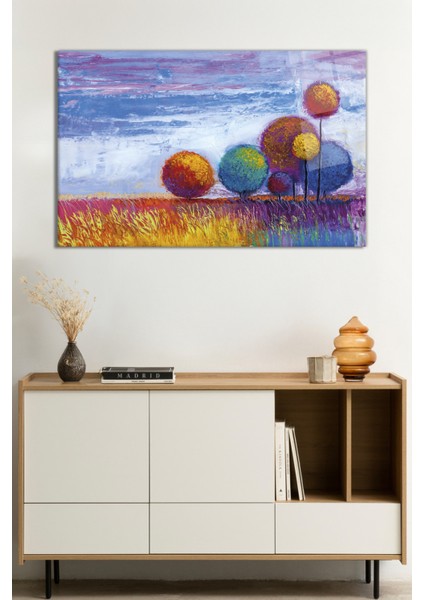 Rengarenk Boyalı Renkli Ağaçlar Cam Tablo, Darbelere Dayanıklı Kırılmaz Cam, Hediyelik