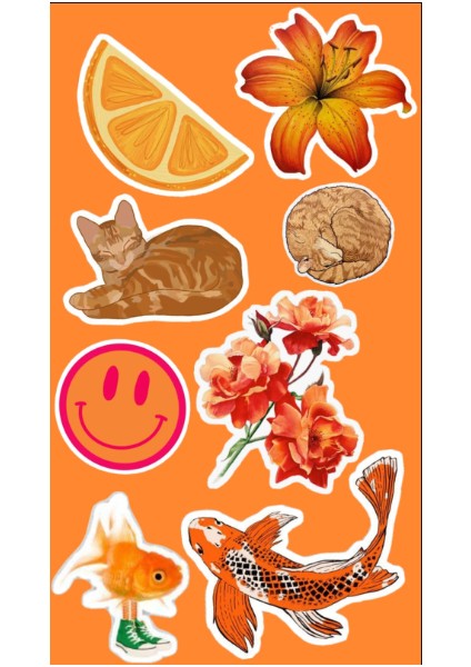 Turuncu Temalı Dekoratif Sticker Seti – Eğlenceli ve Renkli Tasarımlar (8’li Set)