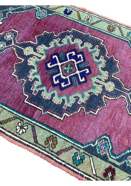 El Dokuma Küçük Vintage Halı 50X82 Mor Yeşil Yün Eskitme Halı modelleri